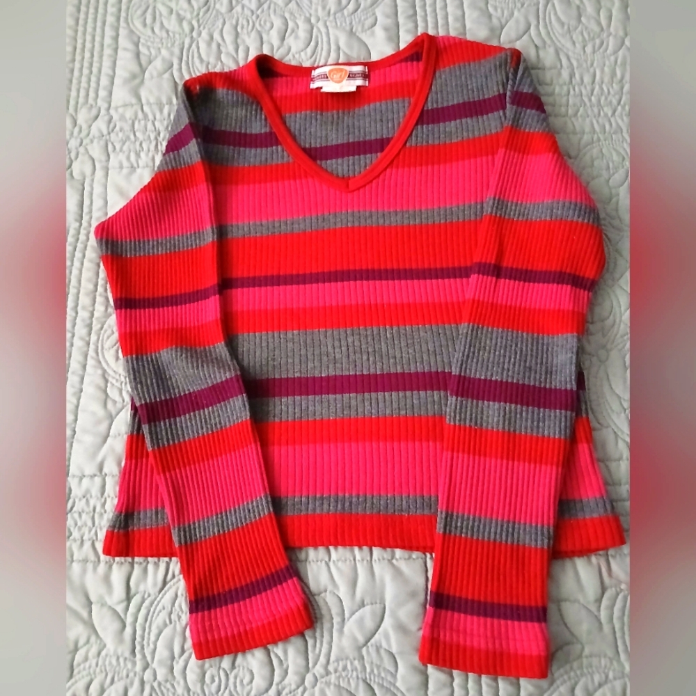 Weavers Red and Gray V-Neck Sweater Bold Stripes